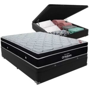 Colchão Casal Elegant Superpocket 28 cm D33 Molas Ensacadas + Base Baú Corino Preto – ORTOBOM + BIOSTAR