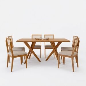 Mesa Cacau 180 (S/Vidro) Madeira/Cinamomo com 6 Cadeiras Palmas Linho Bege – CIMOL