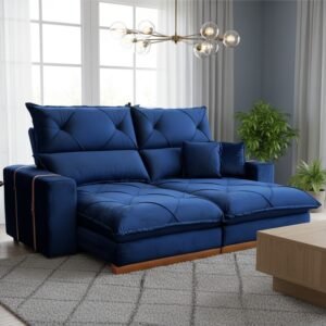 Sofá Retrátil e Reclinável Gran Bello Light 2,50 m Veludo Azul – QUINE ESTOFADOS