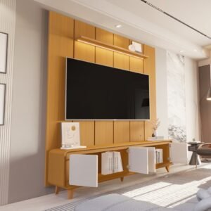 Painel até 75″ Lumi 1,88 m Cedro + Rack Liv 1,80 m Cedro/Off White – EDN MÓVEIS