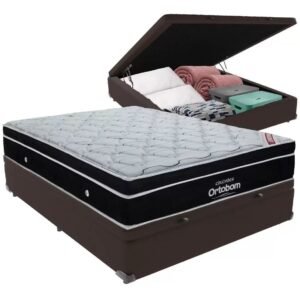 Colchão Casal Elegant Superpocket 28 cm D33 Molas Ensacadas + Base Baú Corino Marrom – ORTOBOM + ALTO NÍVEL
