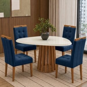 Mesa Lavanda BA45 135 Canela/Off White com 4 Cadeiras Sophia Veludo Azul 107 – KAPPESBERG + WM DECOR