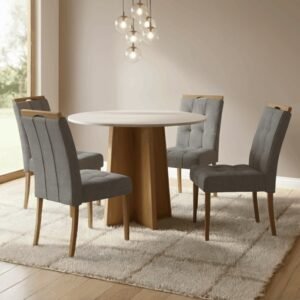 Mesa Redonda Celebrare 100 Amêndoa Clean/Off White com 4 Cadeiras Sophia Linho Cinza Grafite 206 – LOPAS + WM DECOR