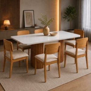 Mesa Pilar 180 Canto Copo (C/Vidro) Off White/Off White/Naturale com 6 Cadeiras Havana Veludo Creme – RUFATO