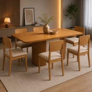 Mesa Pilar 180 Canto Copo (S/Vidro) Naturale/Off White/Naturale com 6 Cadeiras Havana Veludo Creme – RUFATO