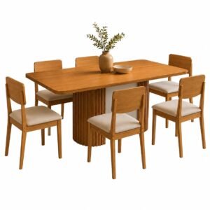 Mesa Pilar 180 Canto Copo (S/Vidro) Naturale/Off White/Naturale com 6 Cadeiras Havana Veludo Creme – RUFATO