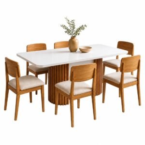 Mesa Pilar 180 Canto Copo (C/Vidro) Off White/Off White/Naturale com 6 Cadeiras Havana Veludo Creme – RUFATO