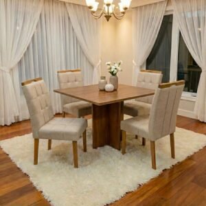 Mesa Salinas 90 (Tampo Dakota s/ vidro) Cinamomo com 4 Cadeiras Sophia Linho Bege 200 – CEL MÓVEIS + WM DECOR