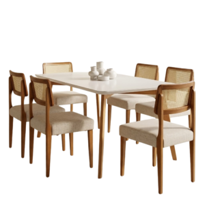 Mesa Anne 180 Mel/Off White com 6 Cadeiras Fortaleza Linho Palha 311A – HR MOVELARIA