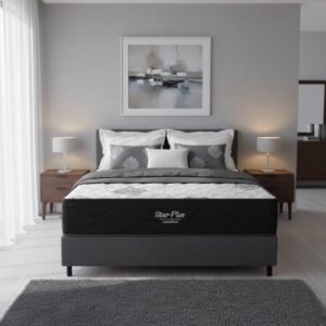 Colchão Casal Star Plus 25 cm D26 Molas Ensacadas + Base Simples Corino Preto – INOVAFLEX + BIOSTAR