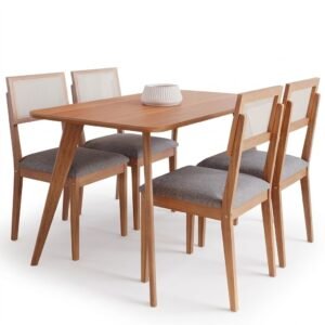 Mesa Acerola 130 (S/Vidro) Madeira/Off White com 4 Cadeiras Encanto Linho Cinza Grafite – CIMOL