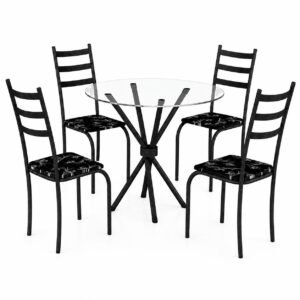 Mesa 4 Cadeiras Marabá (Tampo Vidro Redondo) Preto Fosco/Preto Lírio – TEIXEIRA