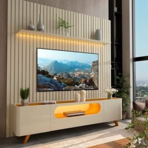 Painel até 85″ Nobre 230 Off White + Rack Nobre 210 (Pés de Madeira) Off White/Naturale – GELIUS