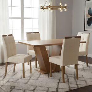 Mesa Classic 120 Cinamomo Laminado com 4 Cadeiras Sophia Linho Bege 200 – CEL MÓVEIS + WM DECOR