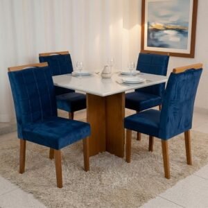 Mesa Salinas 90 (Tampo Dakota c/vidro) Cinamomo/Off White com 4 Cadeiras Las Vegas Veludo Azul 24 – CEL MÓVEIS + OURO DECOR