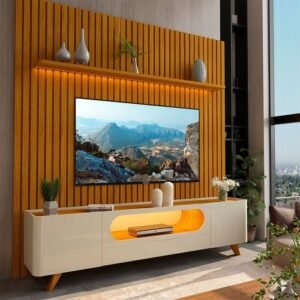 Painel até 85″ Nobre 230 Naturale + Rack Nobre 210 (Pés de Madeira) Off White/Naturale – GELIUS