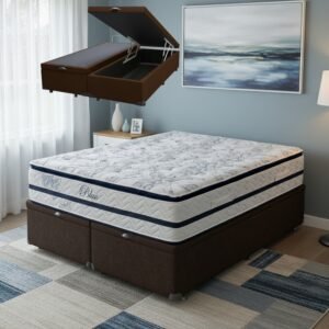 Colchão Queen Blue 32 cm H33 Molas Ensacadas + Base Baú Corino Marrom – PAROPAS + BIOSTAR