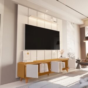 Painel até 75″ Lumi 1,88 m Off White + Rack Liv 1,80 m Cedro/Off White – EDN MÓVEIS