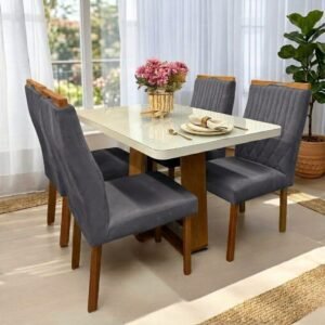 Mesa Sintonia (Tampo Maxi) 120 Amêndoa Clean/Off White com 4 Cadeiras Gênova Veludo Cinza Grafite – LOPAS + ART ASSENTOS