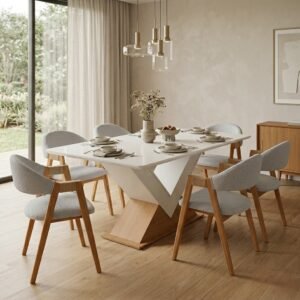 Mesa Amora BA35 160 Canela/Off White com 6 Cadeiras Ravenna Linho Cinza – KAPPESBERG + GARDIM MÓVEIS