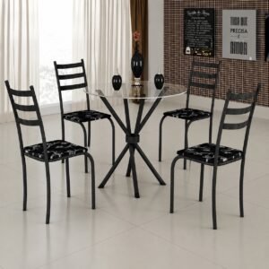 Mesa 4 Cadeiras Marabá (Tampo Vidro Redondo) Preto Fosco/Preto Lírio – TEIXEIRA