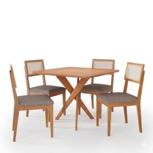 Mesa Cacau 95 (S/Vidro) Madeira/Off White com 4 Cadeiras Encanto Linho Cinza Grafite – CIMOL