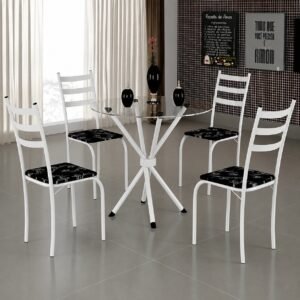 Mesa 4 Cadeiras Marabá (Tampo Vidro Redondo) Branco/Preto Lírio – TEIXEIRA