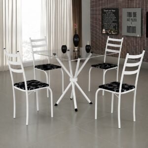 Mesa 4 Cadeiras Marabá (Tampo Vidro Quadrado) Branco/Preto Lírio – TEIXEIRA
