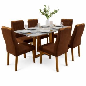 Mesa Pedro 160 Mel/Off White com 6 Cadeiras Gênova Veludo Marrom – ART ASSENTOS
