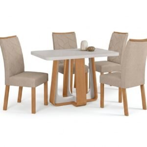 Mesa Sintonia (Tampo Maxi) 120 Amêndoa Clean/Off White com 4 Cadeiras Rayla Linho Bege – LOPAS