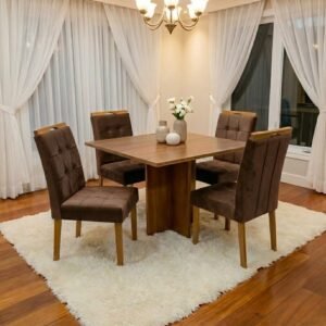 Mesa Salinas 100 (Tampo Dakota s/ vidro) Cinamomo com 4 Cadeiras Sophia Veludo Marrom – CEL MÓVEIS + WM DECOR