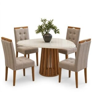 Mesa Lavanda BA45 135 Canela/Off White com 4 Cadeiras Sophia Veludo Bege 100 – KAPPESBERG + WM DECOR