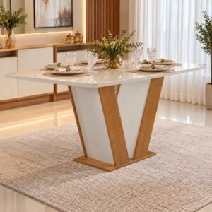 Mesa Qatar 160 (Tampo Londres c/ vidro) Off White/Cinamomo/Off White – CEL MÓVEIS
