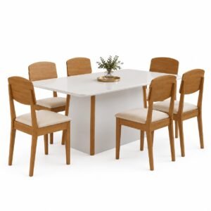 Mesa Tilia 180 Canto Copo Off White/Off White/Naturale com 6 Cadeiras Havana Veludo Creme – RUFATO