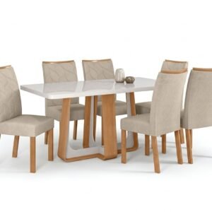Mesa Sintonia (Tampo Maxi) 170 Amêndoa Clean/Off White com 6 Cadeiras Rayla Linho Bege – LOPAS