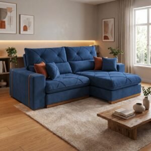 Sofá Retrátil e Reclinável Yara/Gran Bela/Gran Bello 2,50 m Veludo Azul 209 – R A ESTOFADOS